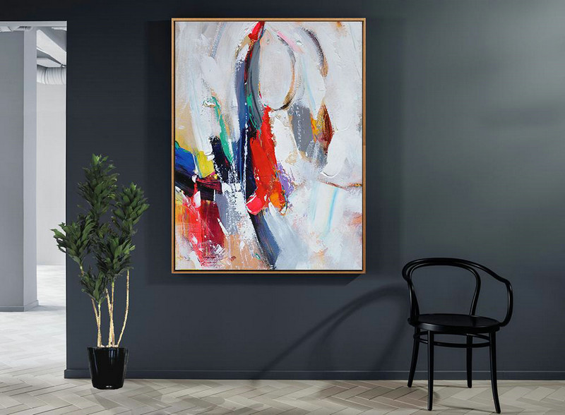 Vertical Palette Knife Contemporary Art,Modern Wall Decor,Red,White,Blue,Purple